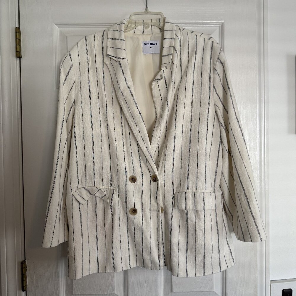 Old Navy Double Breasted Cream/Navy Stripe Linen Blend Blazer - Women's